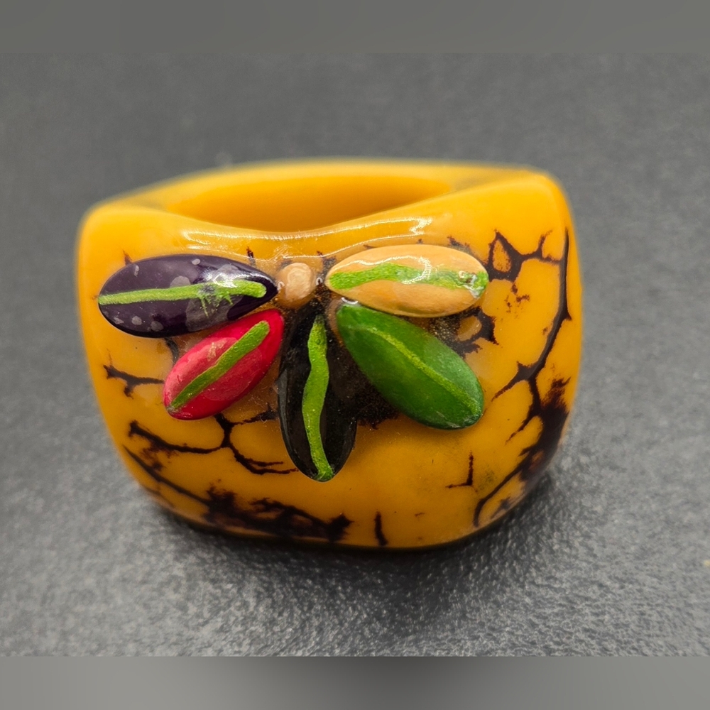 Tagua Nut Ring Carved & Decorated Size 6.5 Natural Eco-Friendly Vegetable-Ivory